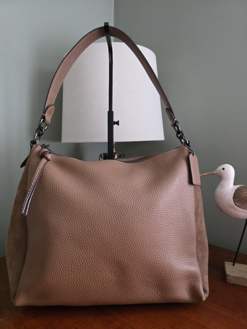Coach 4609 Shay Shoulder Bag Vintage Khaki Tan Pebbled Leather Suede Pewter
